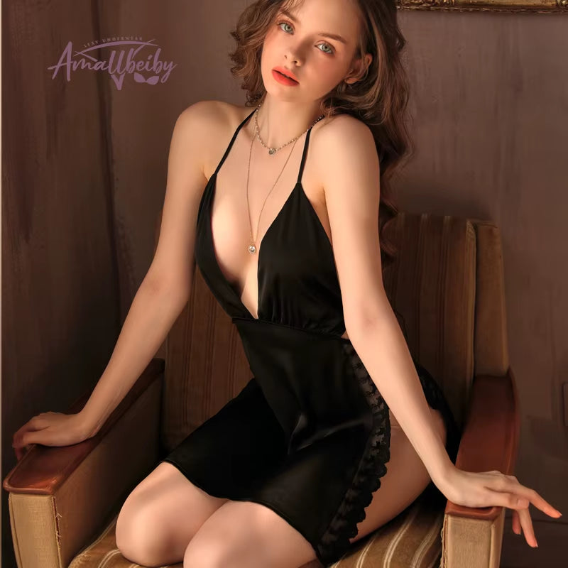 Love Tower French Pajamas Ice Silk Sling Nightdress Female Back Side Slit Romantic Silk Sexy Sleep Tops with Panty Pijamas Women