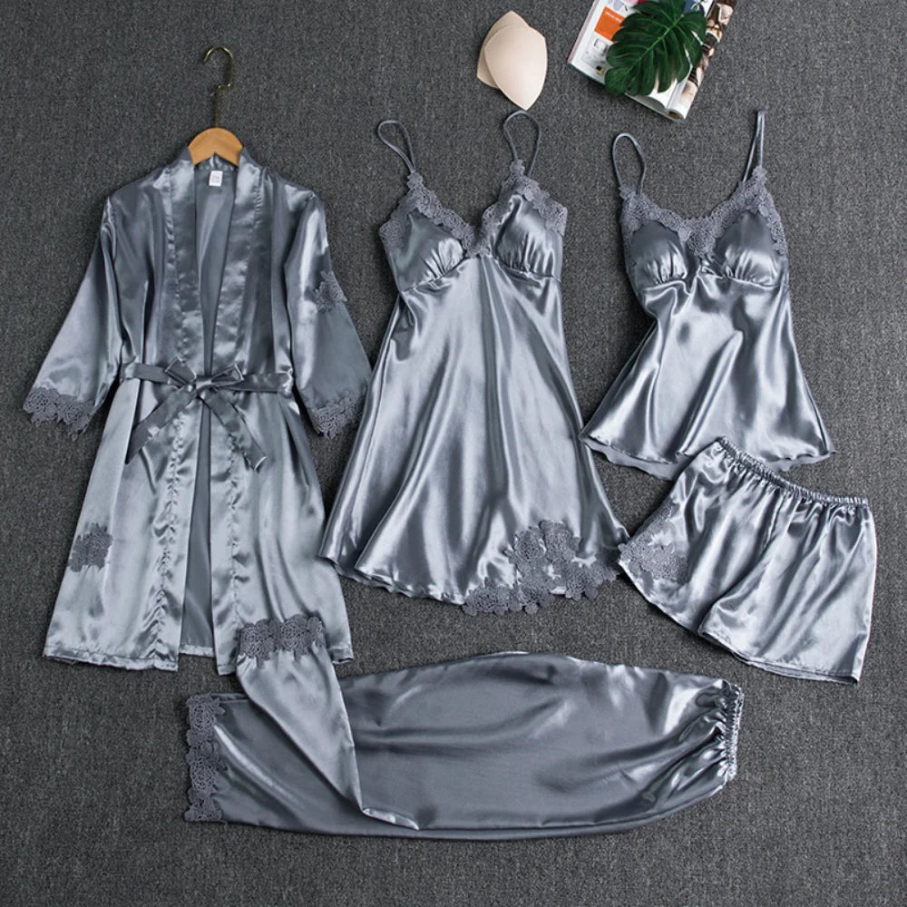 Schlafelite 5-teiliges Satin-Pyjama Set – Eleganz für Tag & Nacht
